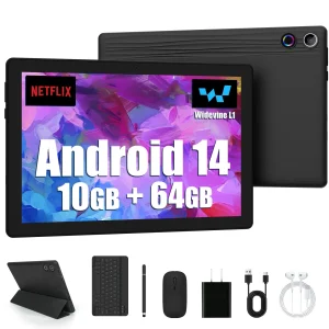 Android 14 10 inch Tablet, A523 Octa Core, 8GB RAM + 64GB ROM(TF 1TB), 5000mAh, Face Unlocked,Black+Keyboard & Mouse Set